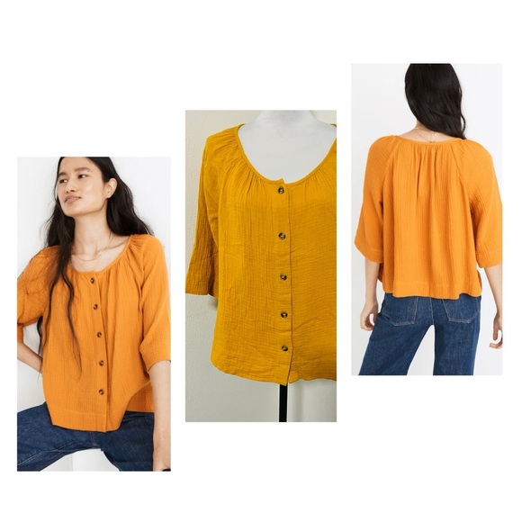Madewell Women’s Large Gauze Button-Front Raglan Top Mustard Super Soft EUC - Picture 1 of 7